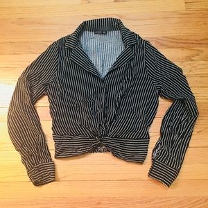 Retro Black & White Striped Knot Crop Blouse